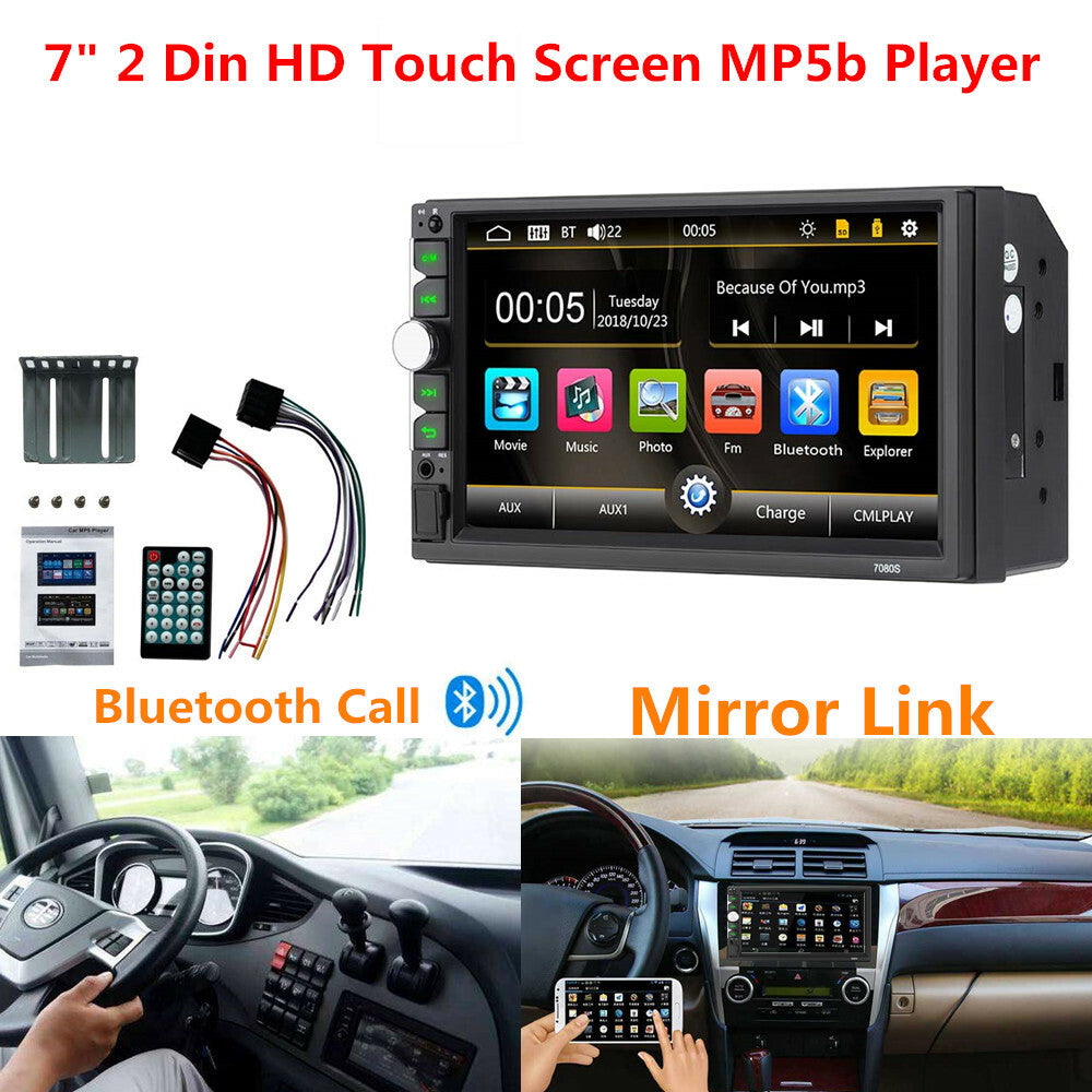 Car-mounted 7-inch 2DIN HD touchscreen MP5 player with Bluetooth music calling and video/audio playback functionality. n