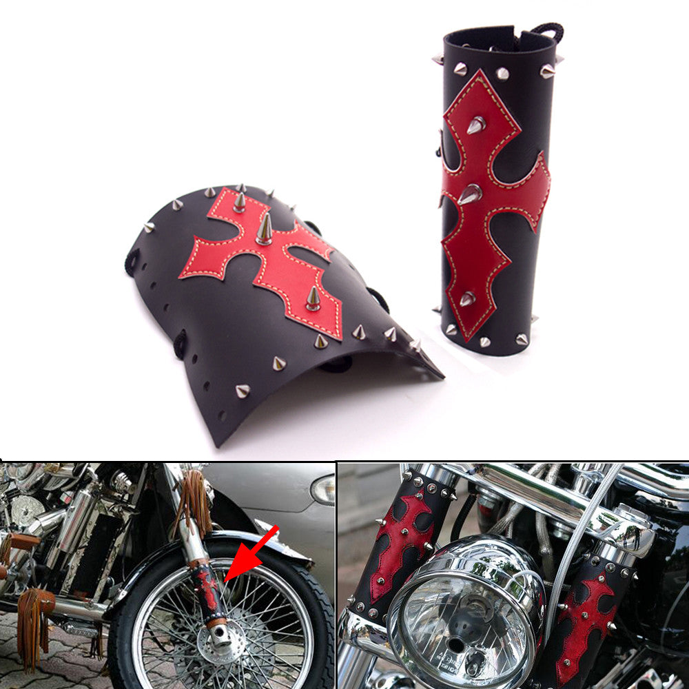 New Motorcycle Black Red Cross PU Leather Front Fork Cover With Chrome spikes Q