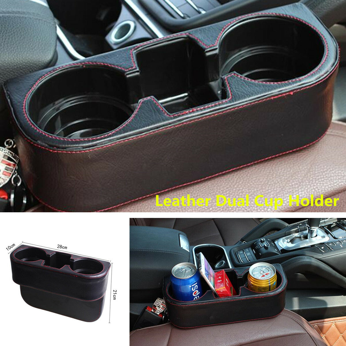 Car for Seat Seam Cup Holder Food Drink Bottle Mount Storage Organizer Black Leather Q