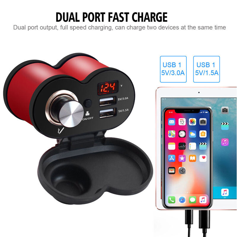 QC3.0 Motorcycle/Bicycle Cigarette Lighter Socket Dual USB Charger Switch Voltmeter - n