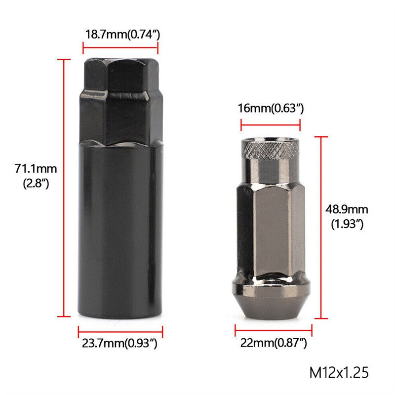 20Pcs M12x1.25 48mm Open End Lug Nut Set Steel Wheel Nut Bolt w/Socket Gun Black Q
