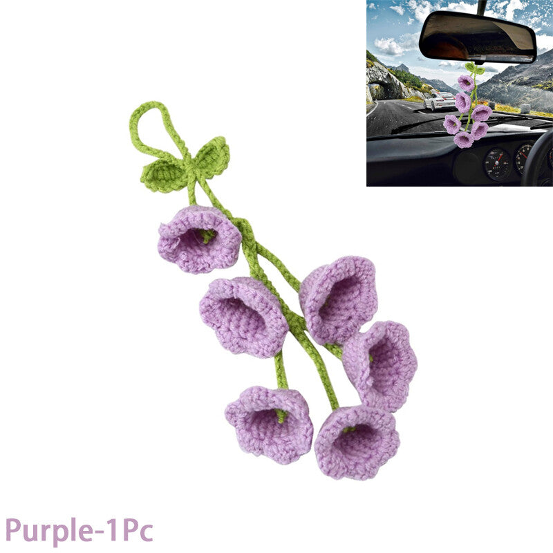 Bell Flower Hand Knitted Cute Car Accessory for Rear View Mirror Hanging Purple