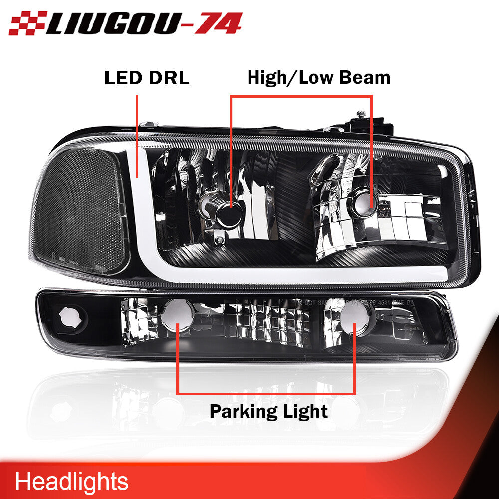 Fits 1999 - 2007 for GMC for Sierra for Yukon LED DRL Headlights with Signal Lights Black/Clear - v