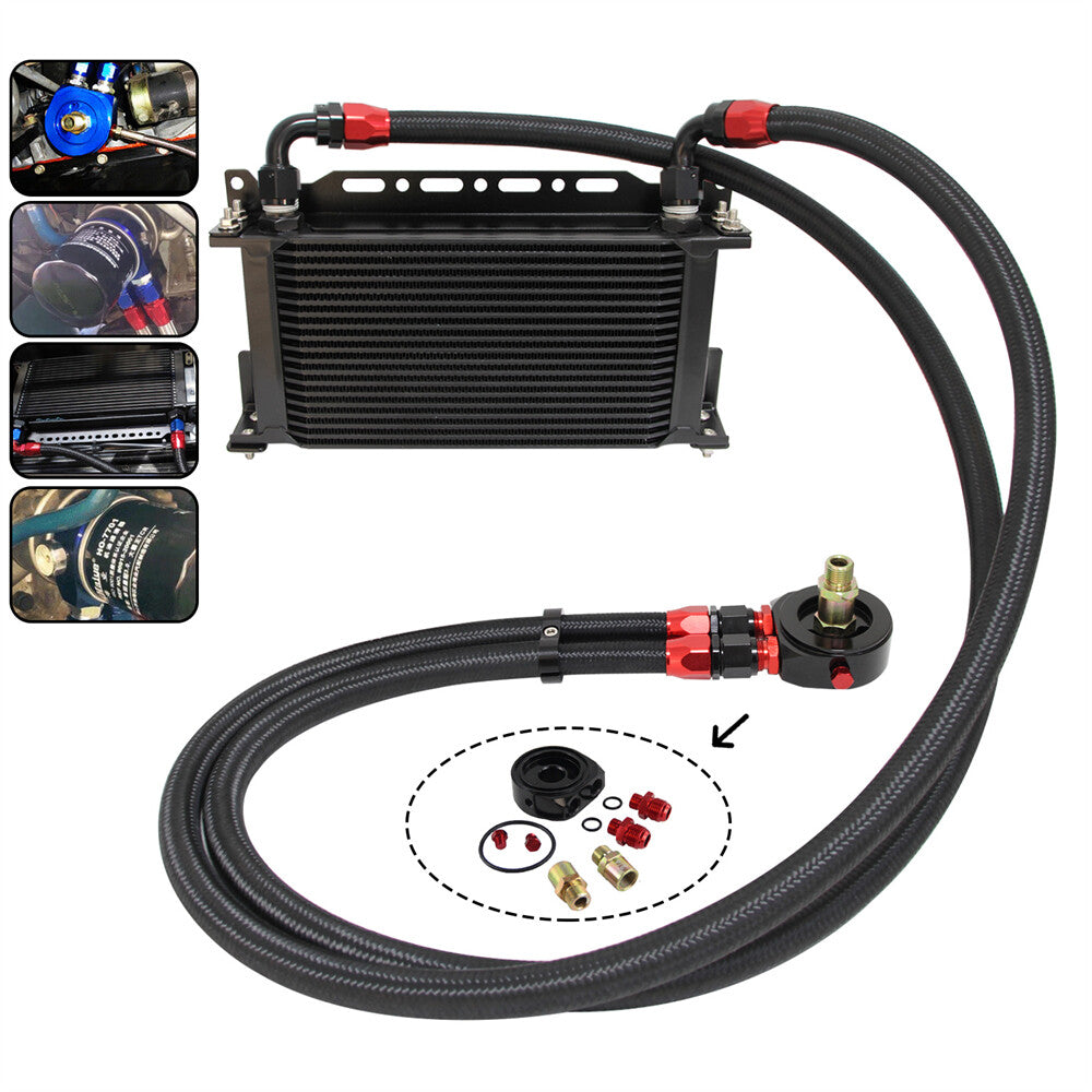 Universal 19 Row Engine Oil Cooler Kit + Sandwich Plate + AN10 Oil Lines Kit BK