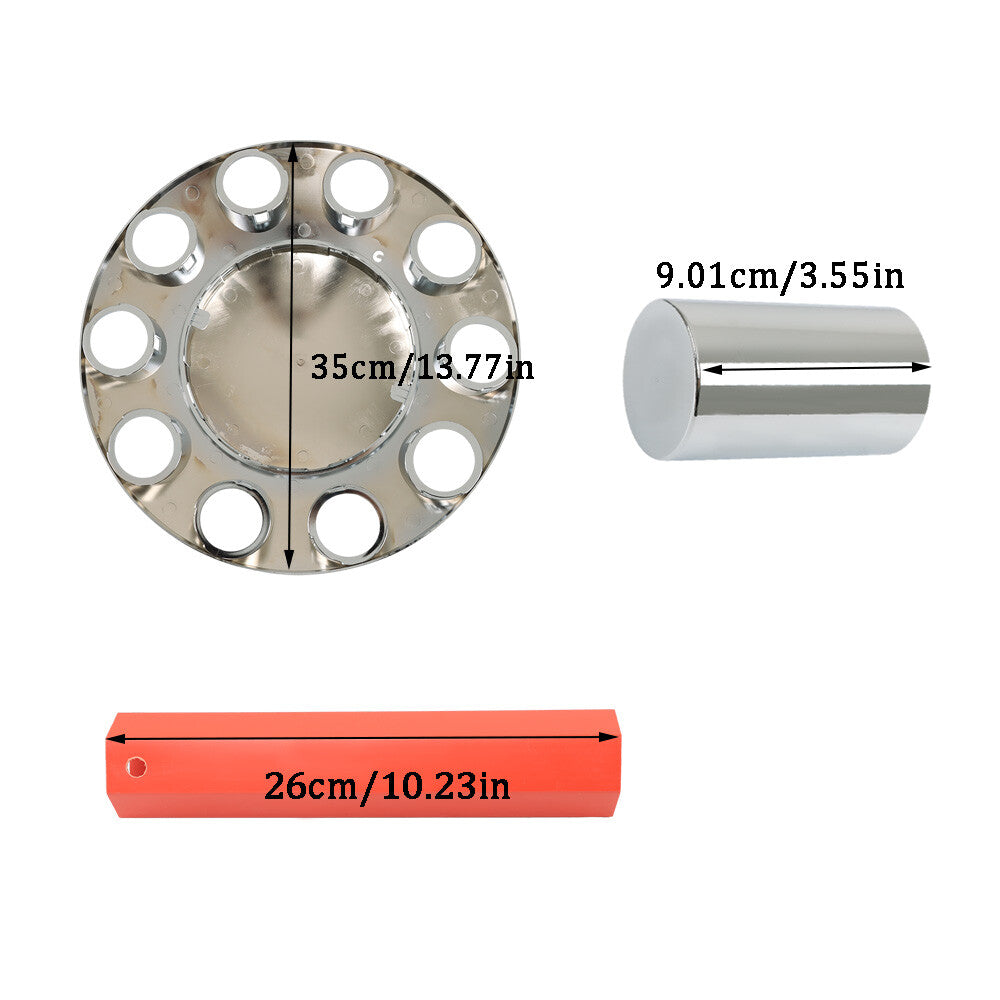 2-piece set of chrome-plated front axle wheel covers with hub caps and 33mm lug nuts for semi-trucks. n