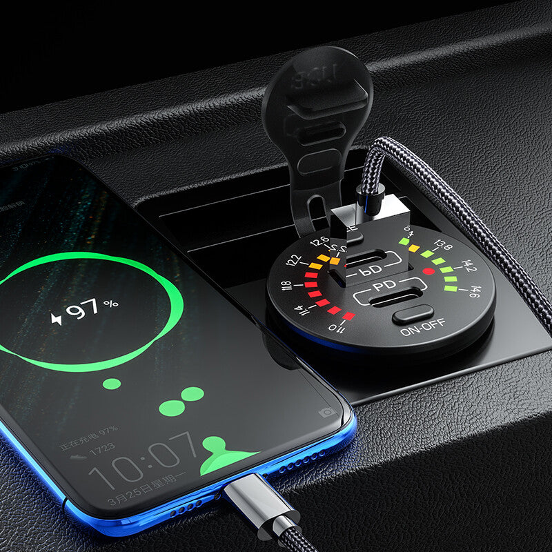 QC 3.0+PD Type-C Car Phone USB Fast for Charger W/LED Voltmeter ON OFF Power Switch