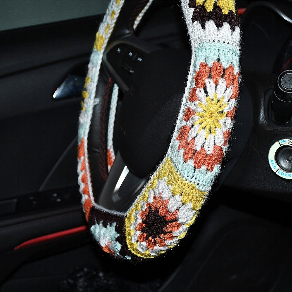 14-15in Boho Crochet Steering Wheel Cover Flower Steering Wheel Protector