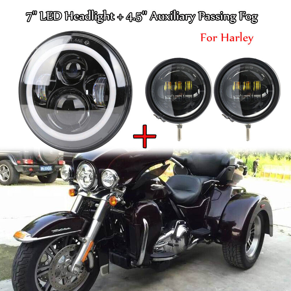 7-inch LED headlights and 2 x 4.5-inch fog light rings are available for Harley-Davidson motorcycles.
