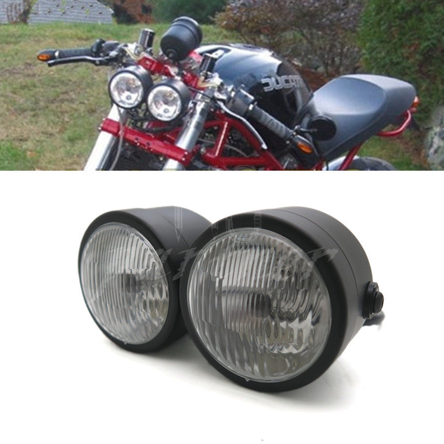 Black Twin Headlight Motorcycle Double Dual Lamp Street Fighter Naked Dominator Q