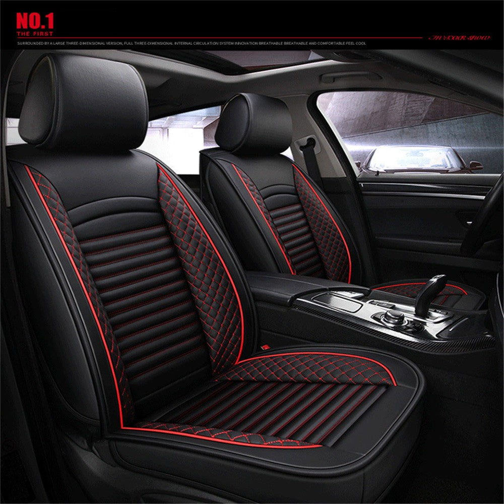 Black  Red PU Leather 5- for Seat Car for Seat Covers Front + Rear Cushion Protector Q