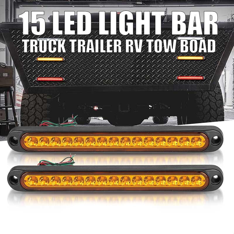 2x Sealed Amber 15-LED Turn Signal Light Bar Truck Trailer Marker Tail Light