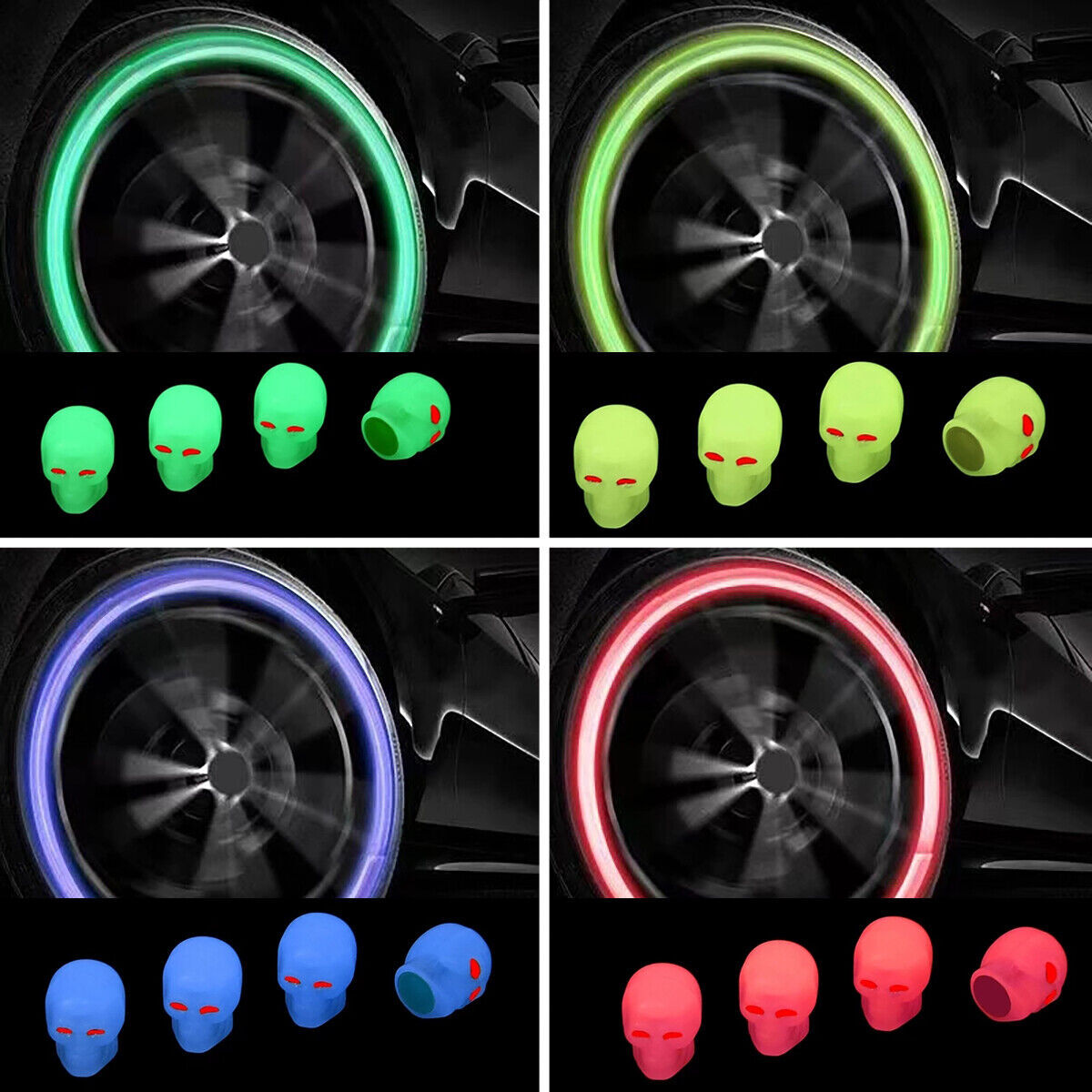 4Pcs Skull Car Motorcycle Bike Wheel tire valve Cover fluorescent Luminous Q
