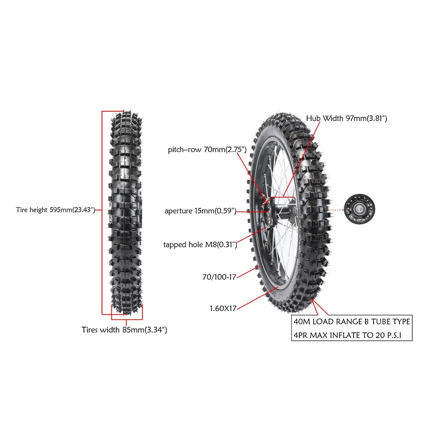 Front 70/100-17 + Rear 90/100-14 rims, chains, and grooves for an Apollo 125cc bicycle.