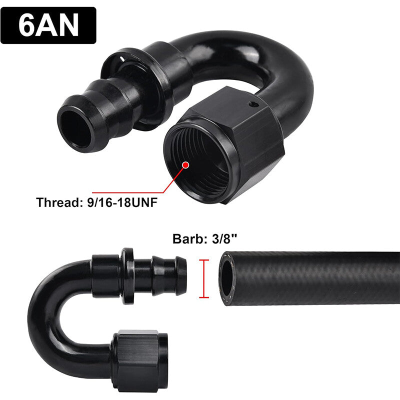 6AN AN6 180 Degree Push-On Hose End Fittings/Adapters Push Lock Barb Black