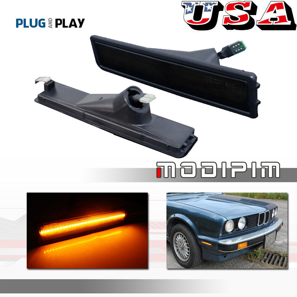 Smoke Lens Amber LED Front Bumper Side Marker Lights for 1984-91 for E30 3 - v