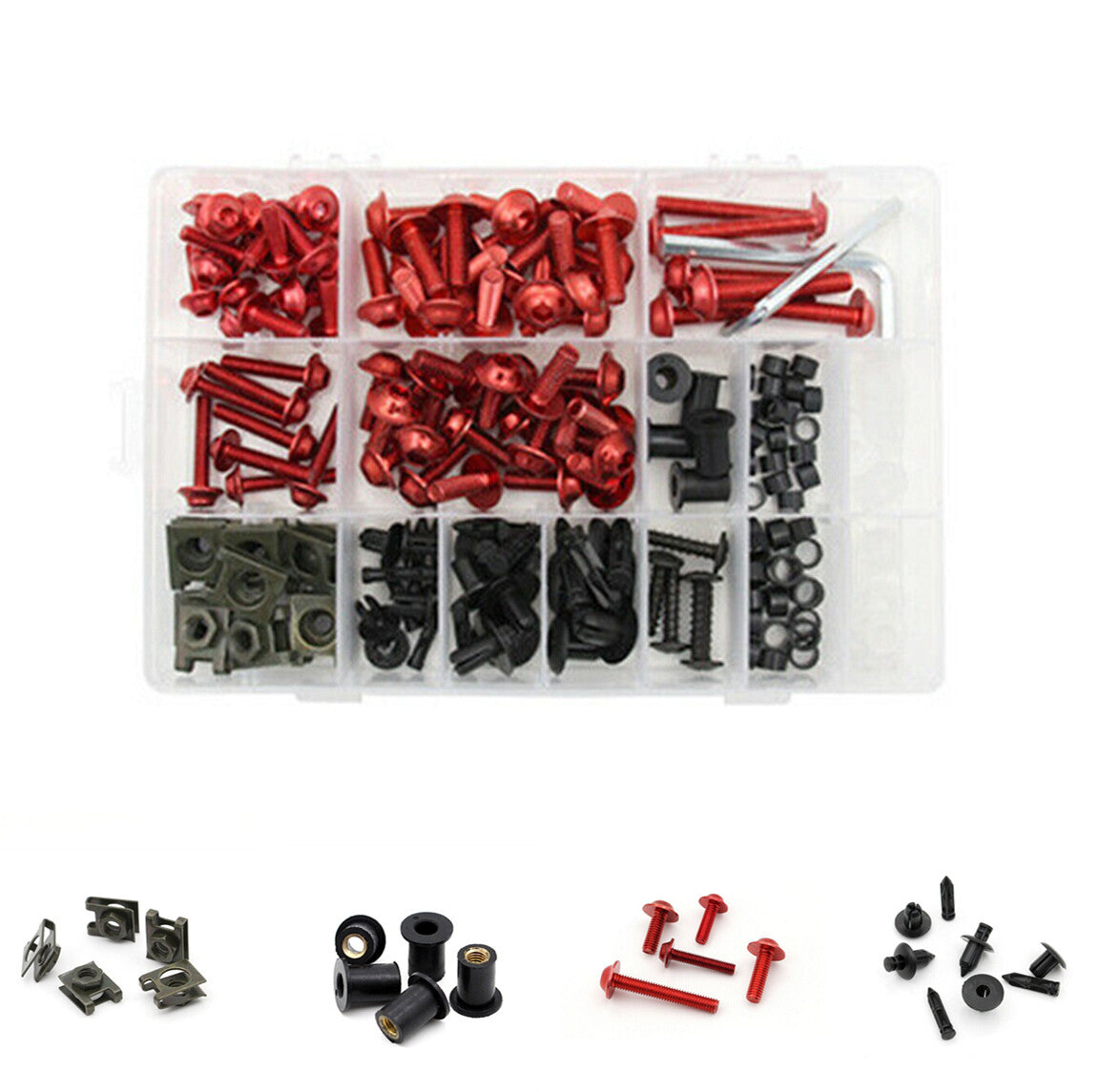 193-piece set of hybrid motorcycle windshield body bolt clip screw kit in red metal - n