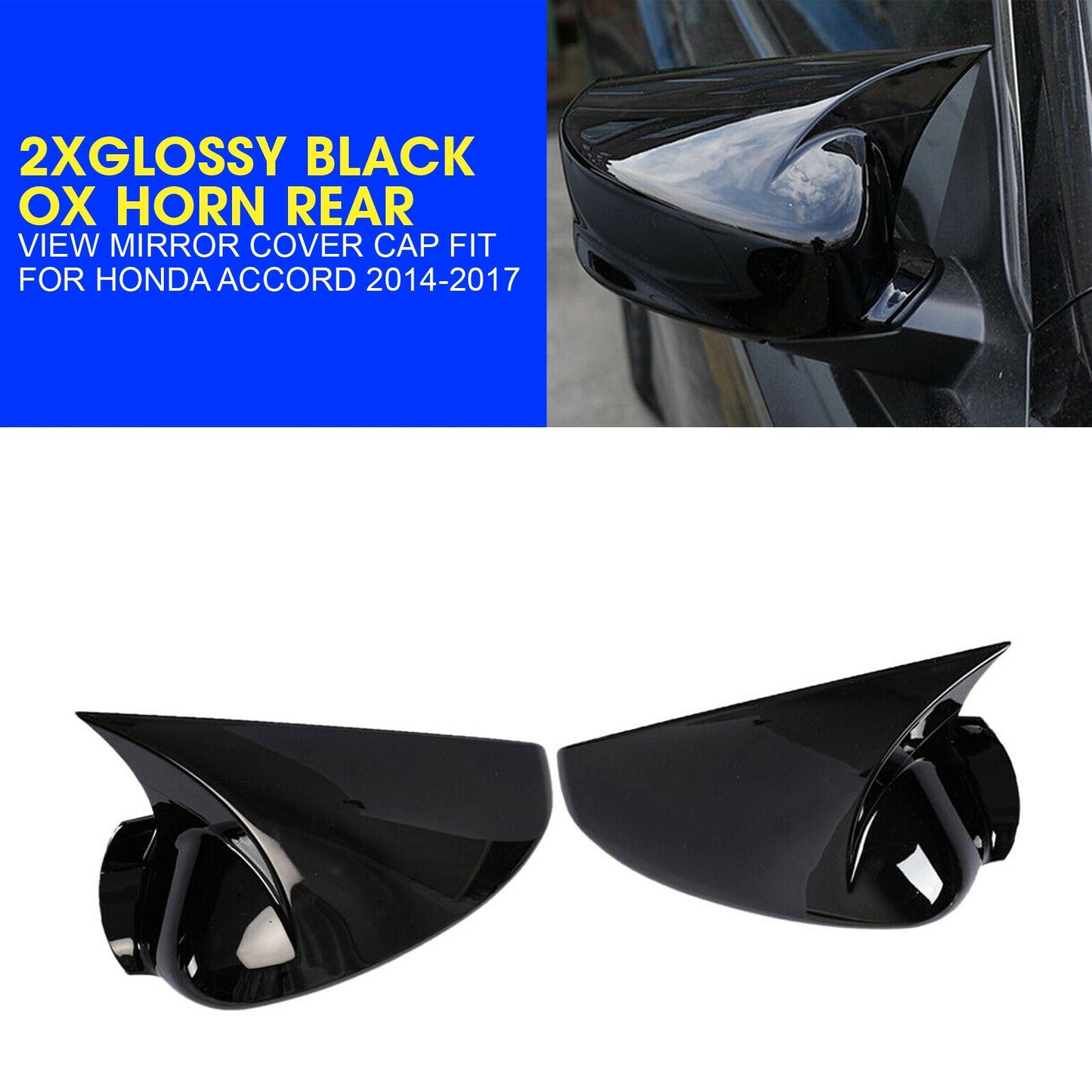 2XGlossy Black Ox Horn Side Door Mirror Cover Cap fit for Honda Accord 14-17 NEW