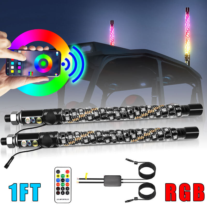 2PCS 1ft RGB Spiral LED Whip Lights Antenna Chase + FlagRemote for ATV UTV NEW