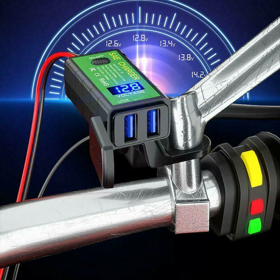 Motorcycle SAE to USB Cell Phones Dual Port for Charger Cable Adapter +Voltmeter Q