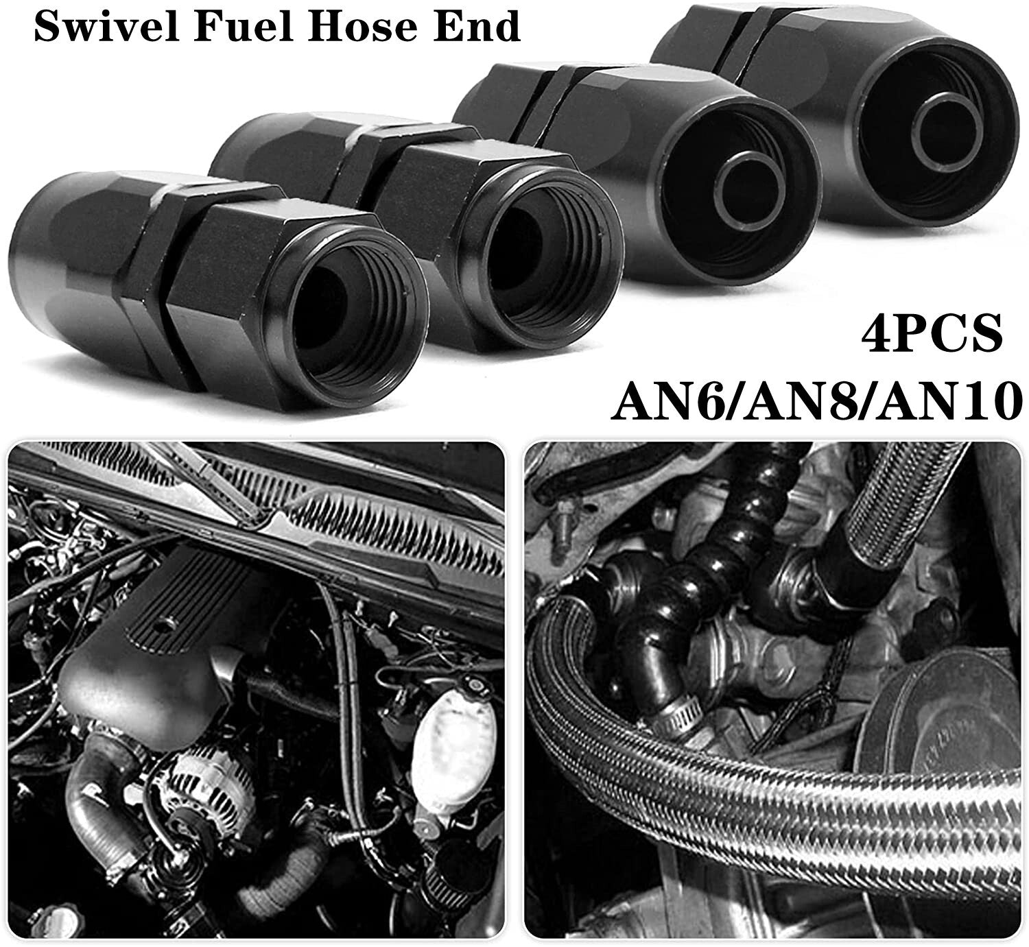 Straight end connectors (4 pieces), braided fuel oil/gas hose ends (6/8/10AN), accessories