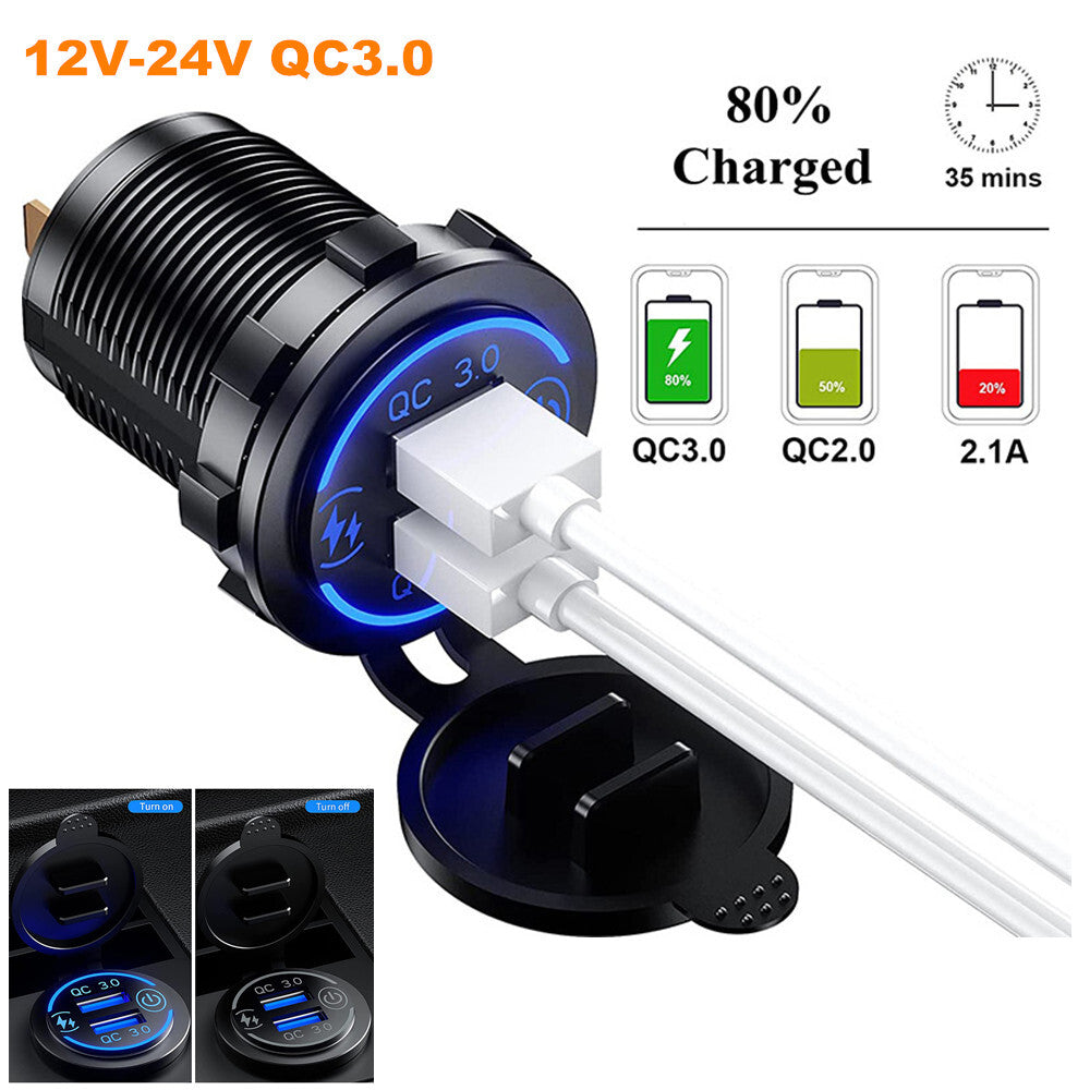 12V-24V QC3.0 USB Fast Charger Adapter for Cars, Motorcycles, and Boats n