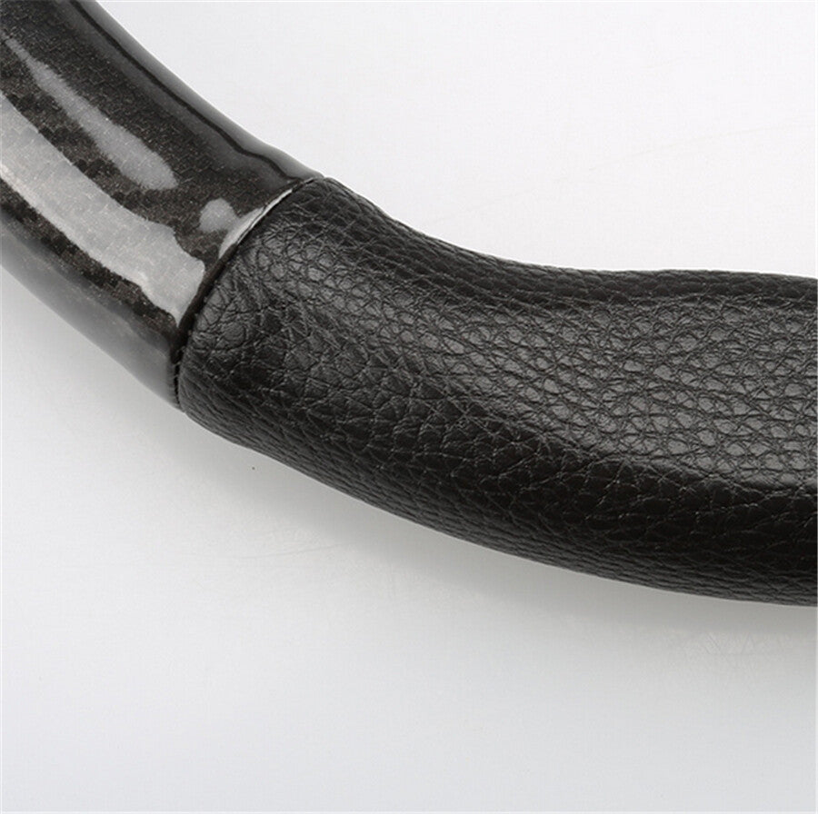 38cm Car Steering Wheel Cover Trim Carbon Fiber Black Leather Non-Slip w/ Mark