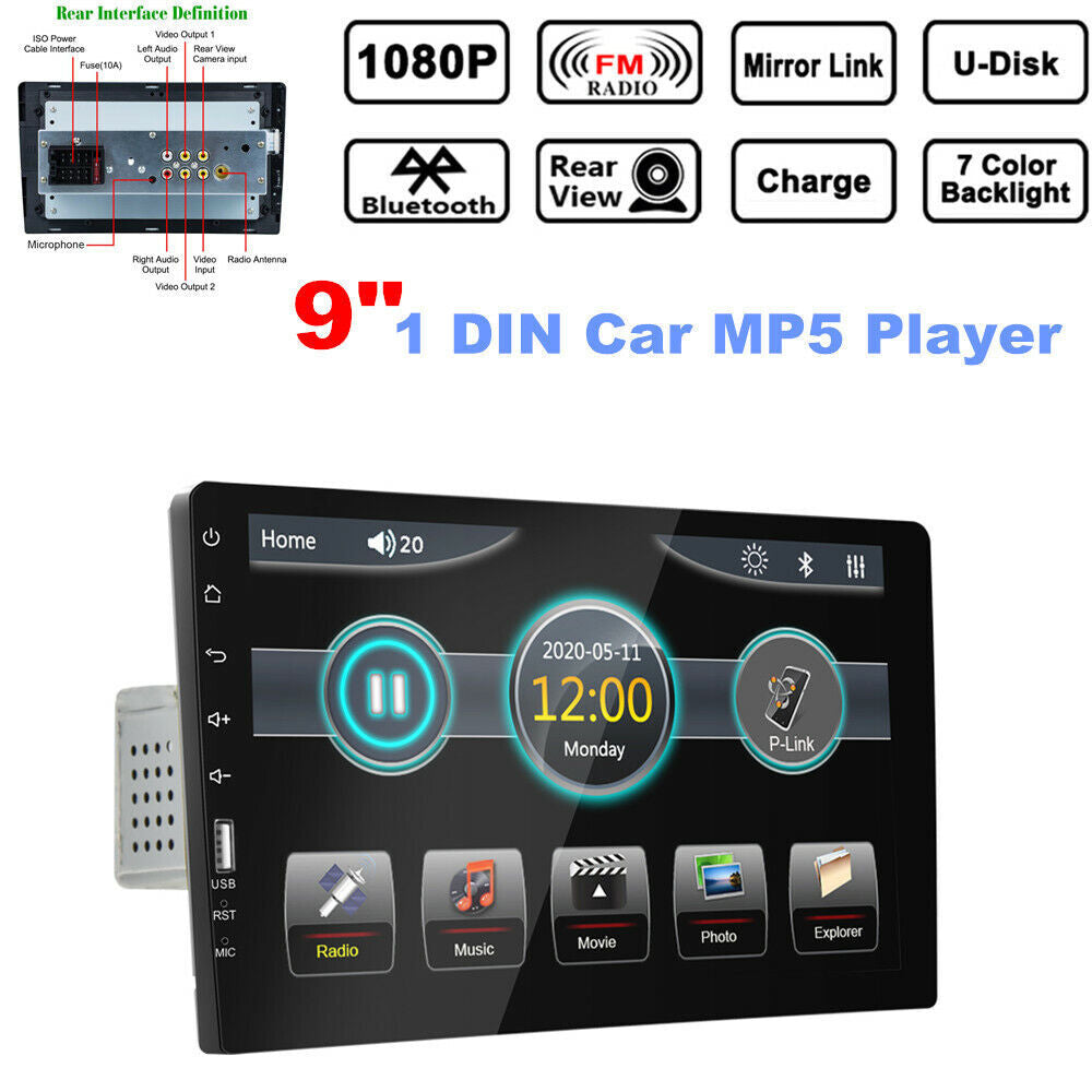 9-inch 1 DIN Car MP5 Player with Bluetooth Touchscreen, Stereo Radio, USB AUX Audio & Video. n