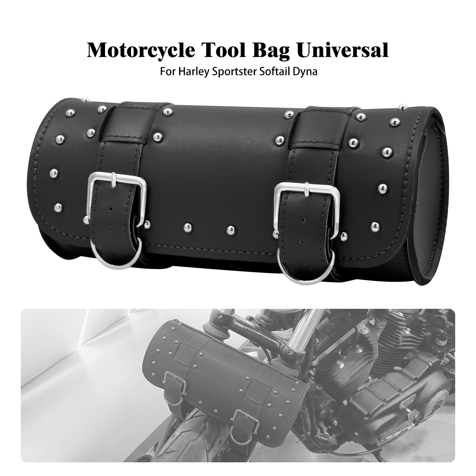 Motorcycle Black Handlebar Sissy Bar Bag Saddlebag Fork Roll Barrel Bag w/ Nails Q