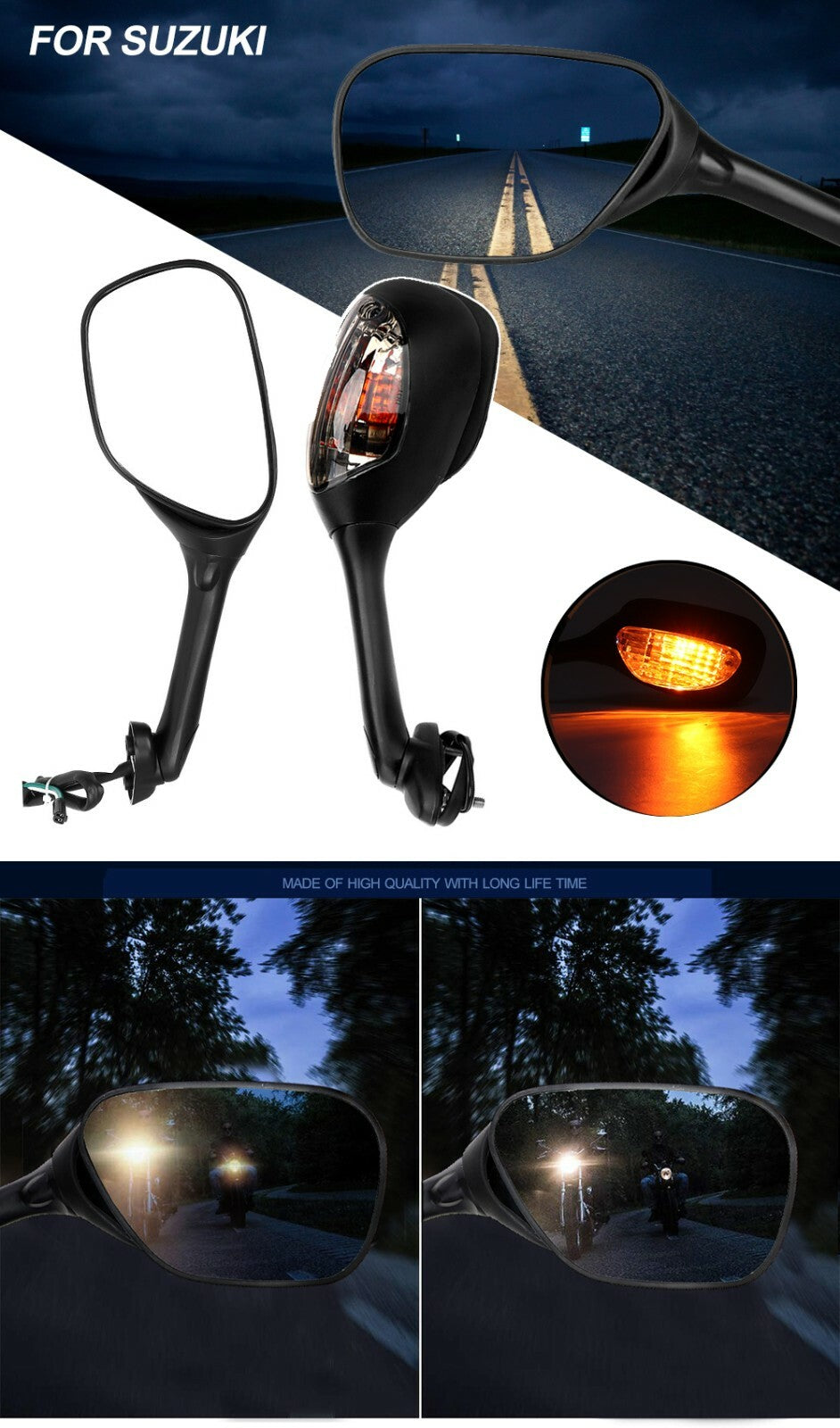 Fit for Suzuki GSXR 1000 GSXR600 GSX-R 750 06-15 Rearview Mirrors w/ Turn Signal