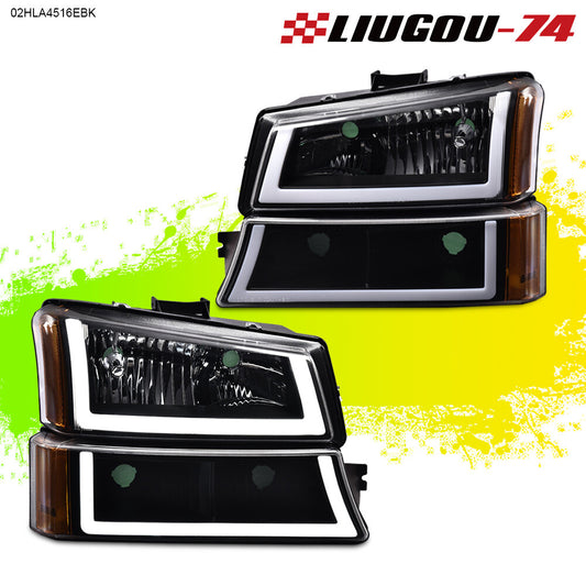 2 Piece Headlights Fits 2003 - 2007 for Silverado Avalanche LED DRL Black/Amber - v