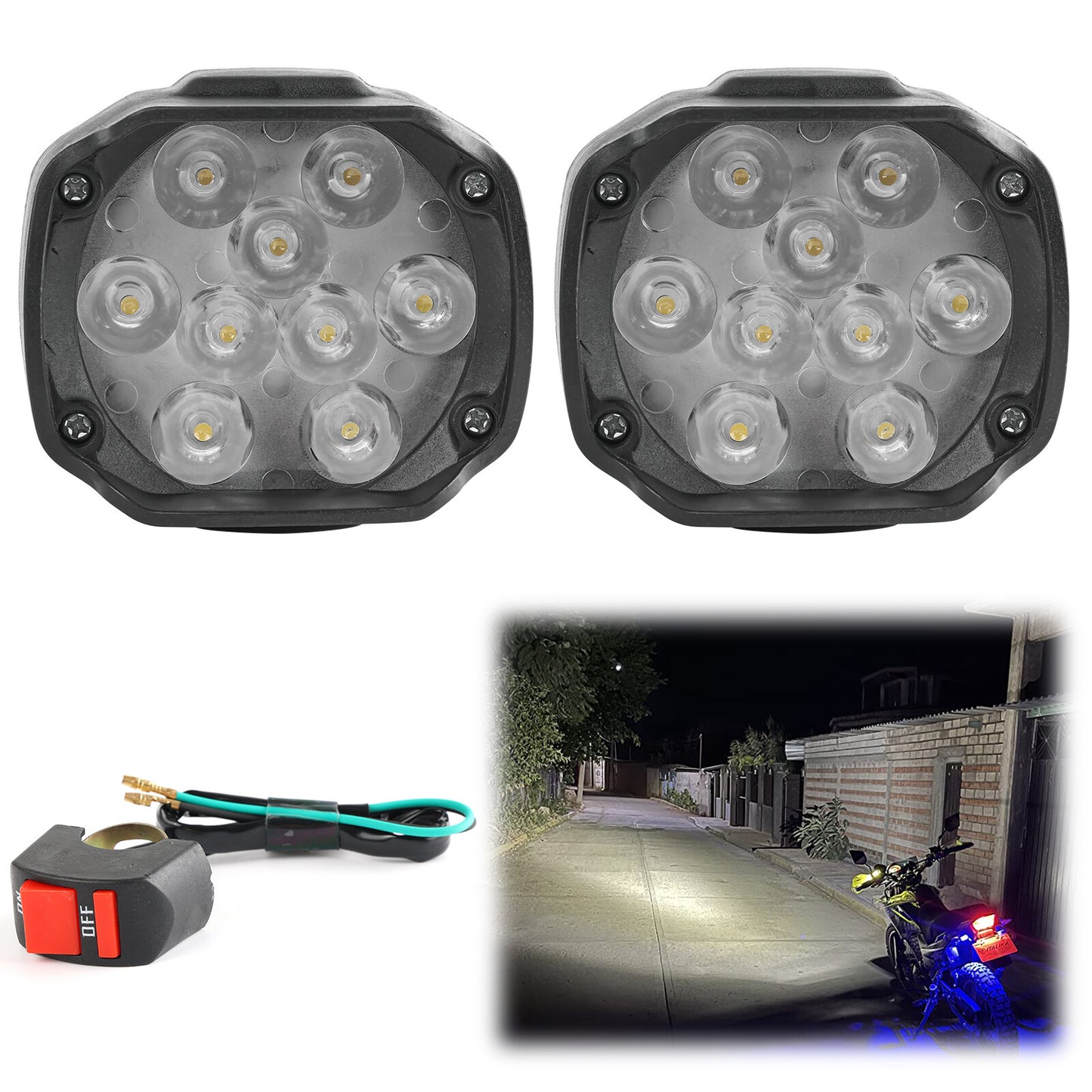 9LED Motorcycle Headlight with Switch Auxiliary Spotlight Motorcycle Scooter 12V Q