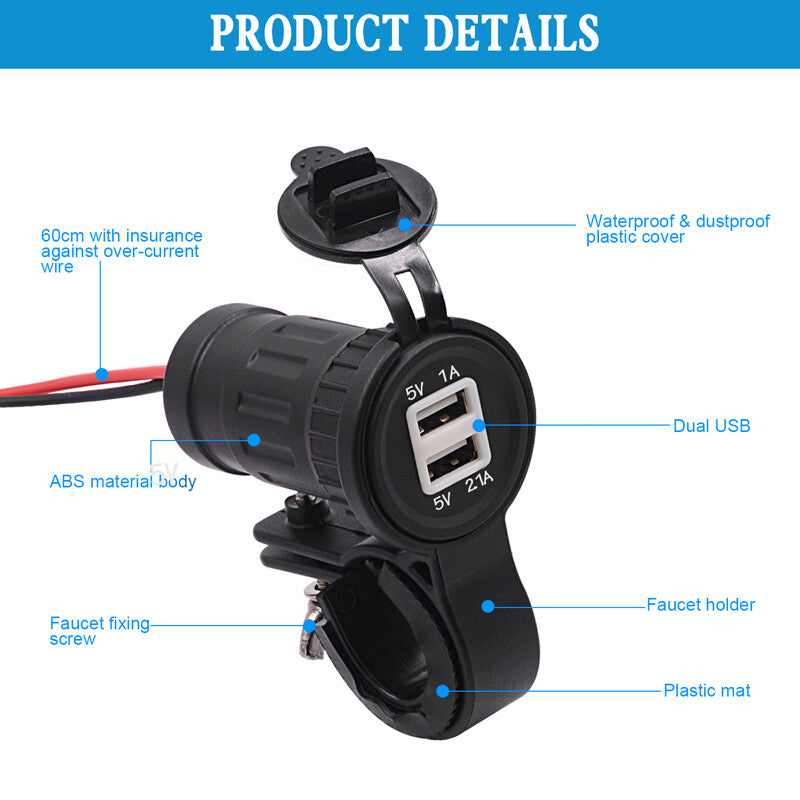 12V/24V Waterproof Motorcycle Dual USB Power Charger Socket on Handlebar for Seat n