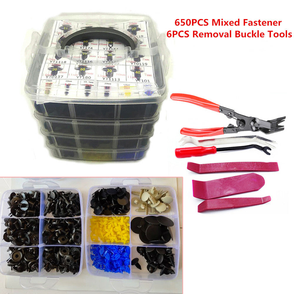 650x Plastic Fasteners for Door Panels and Mudguards - Fixing Rivets and Clips + Removal Tools n