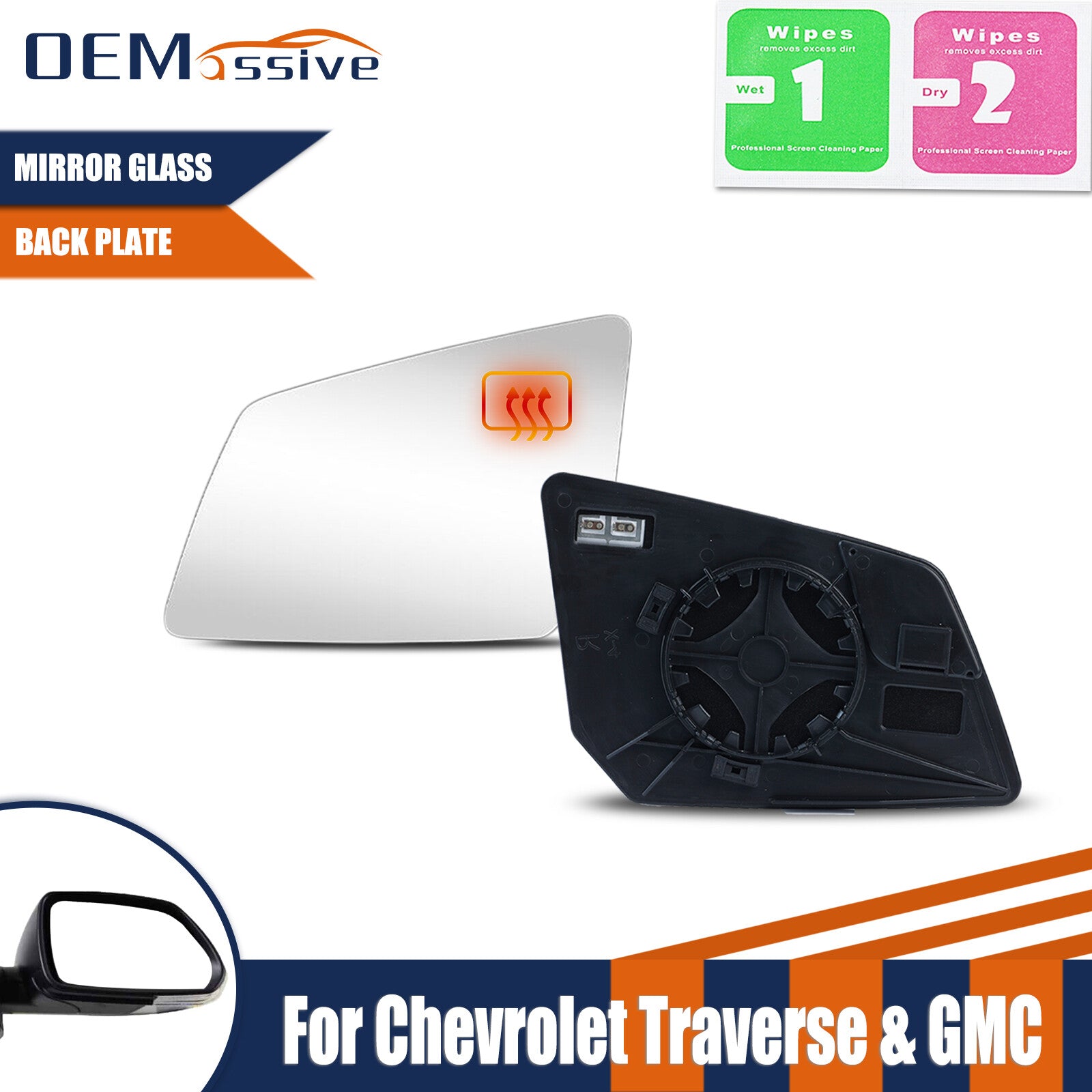 1X Driver Side Heated Mirror Glass for Chevrolet Traverse 2007-2016 w/Back Plate
