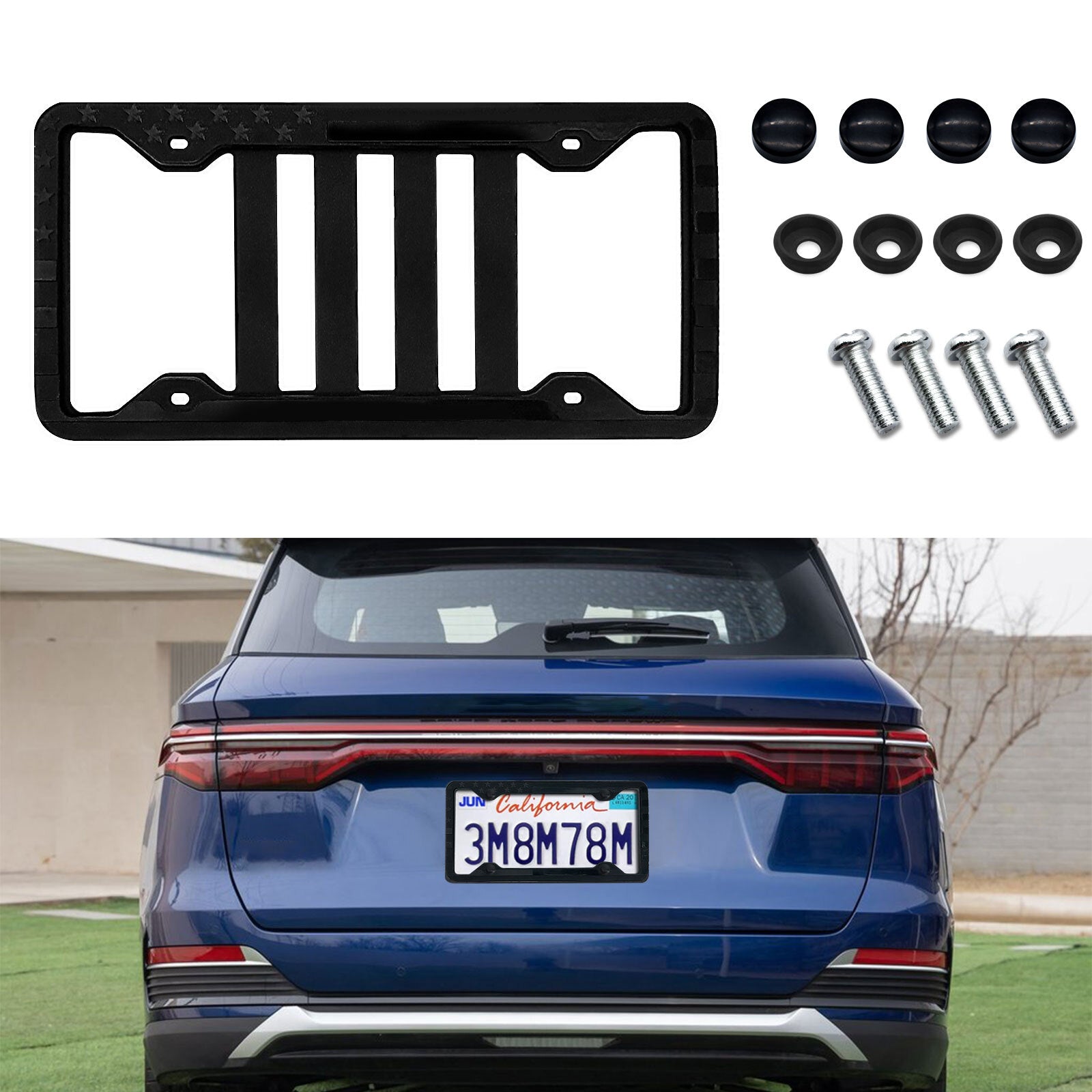 1-Piece Black American Flag License Plate Frame Cover Bracket - Universal n