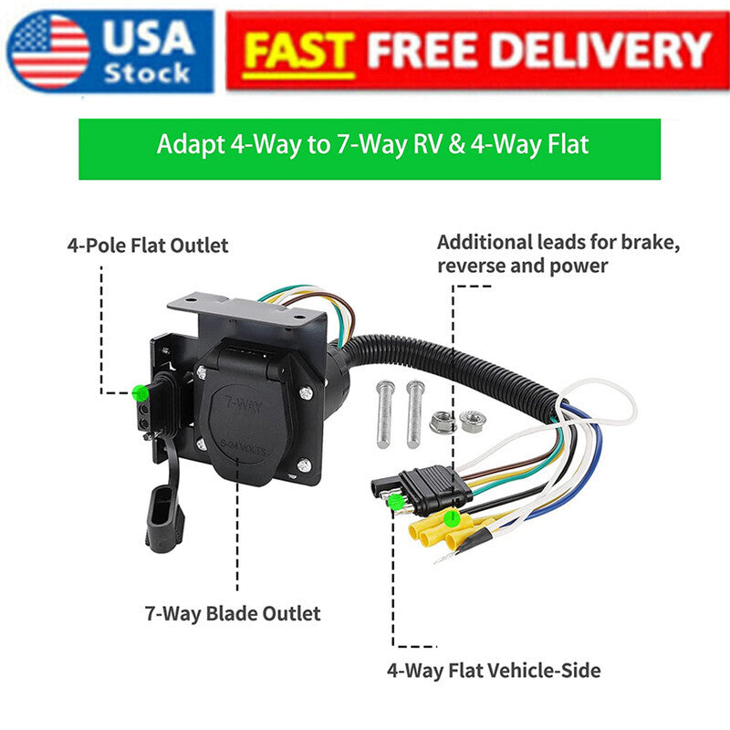 4-pin to 7-way blade trailer wiring adapter connector cable plug bracket ×1- n
