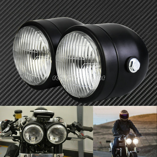 Black Twin Headlight Motorcycle Double Dual Lamp Street Fighter Universal Racer Q
