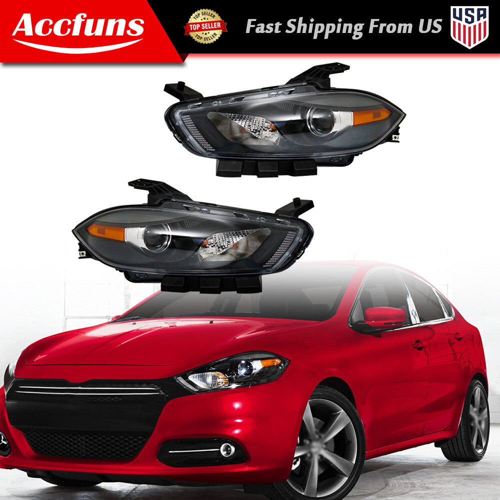 for Dodge Dart 2013 - 2016 Left + Right Transparent Black Headlights n