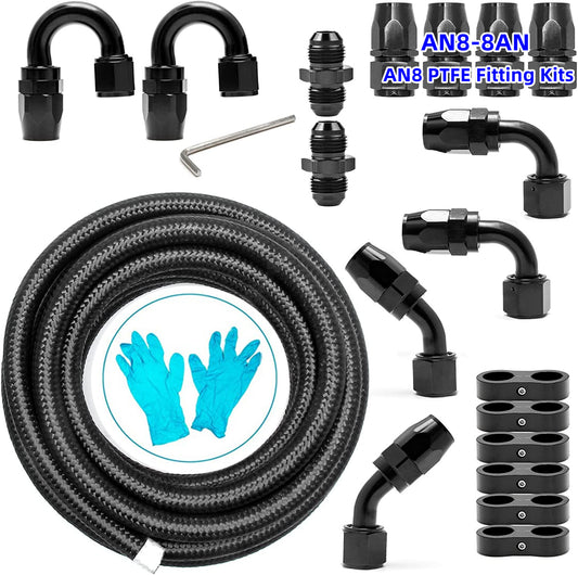 8AN AN8 Black 20ft Nylon Braided PTFE Fuel Line 10 Adapter Fitting Hose for E85