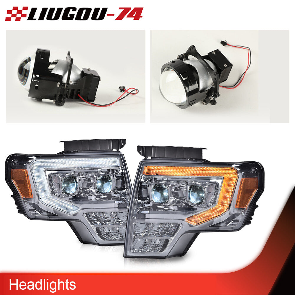 Dual LED projector smoked headlights and LED taillights suitable for 2009-2014 for Ford F-150s.