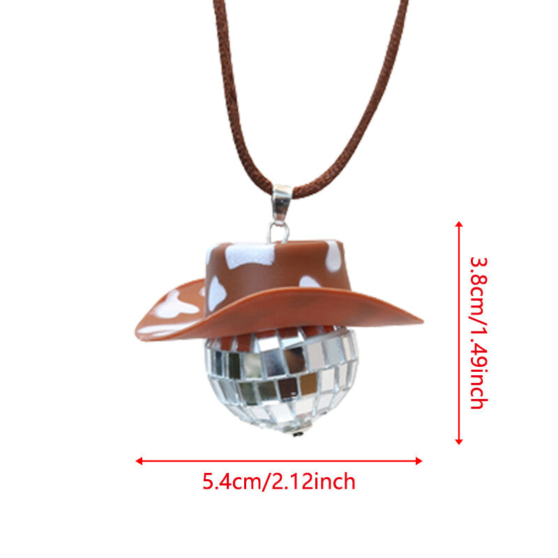 Cowboy Hat Disco Ball Car Ornamen Rearview Mirror Hang Acessory Rope Cow Brown