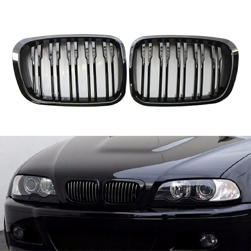 Front Twin Bar Grille Grills for BMW 3 Series E46 1999-2001 4 Door Gloss Black