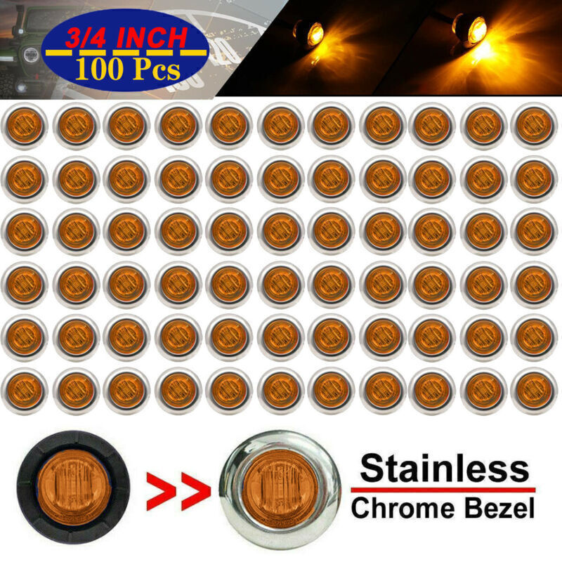 100X Amber 3/4 Round Side 3 LED Marker Trailer Bullet Chrome Stainless Lamps