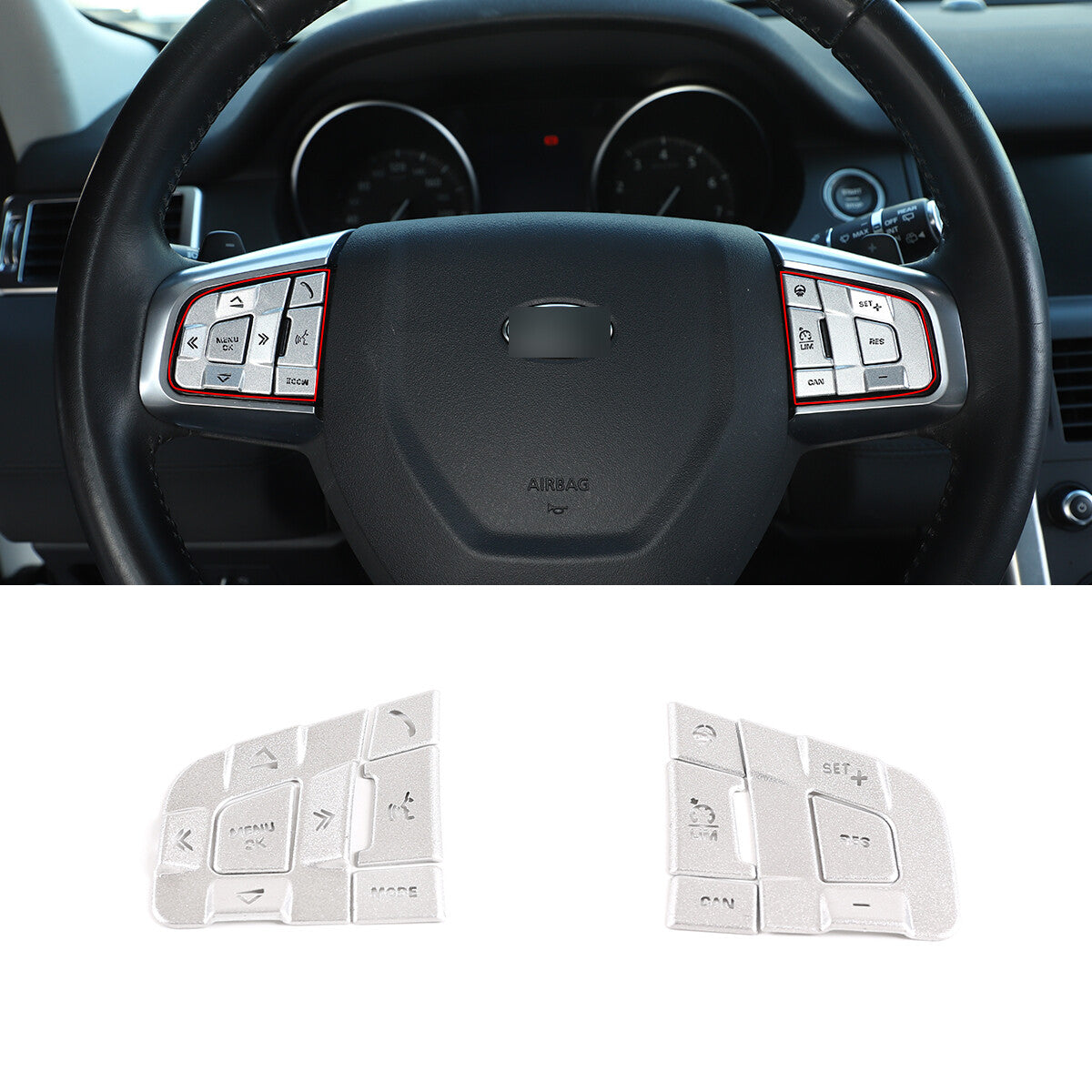 Steering wheel button cover trim in silver aluminum alloy for Discovery Sport L550 15-19 models. n
