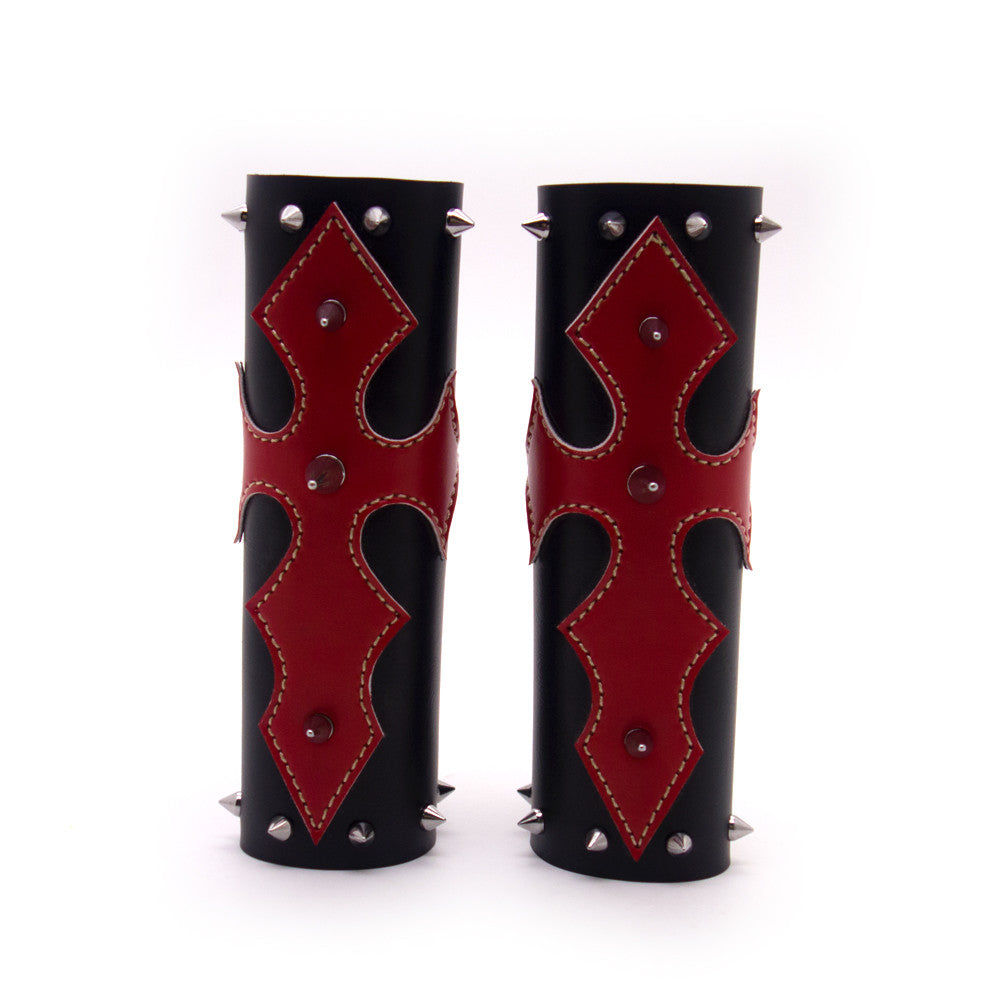 New Motorcycle Black Red Cross PU Leather Front Fork Cover With Chrome spikes Q