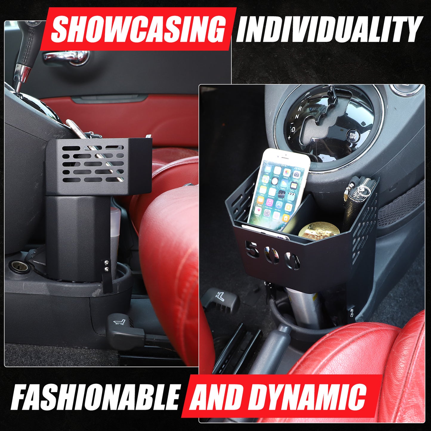 Extended cupholder trim on center console for Fiat 500 2007 - 15 Black Accessories - n