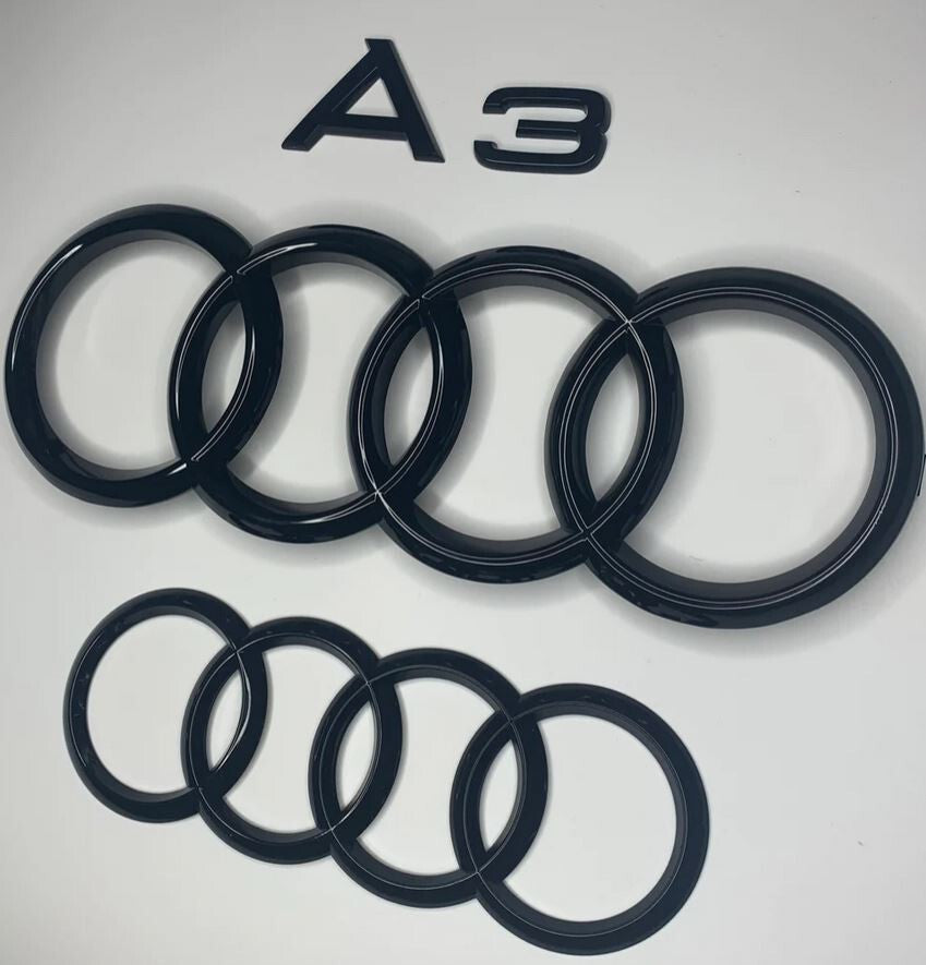 Hooded grille rear ring badge set for Audi A3, trunk boot sticker, glossy black.