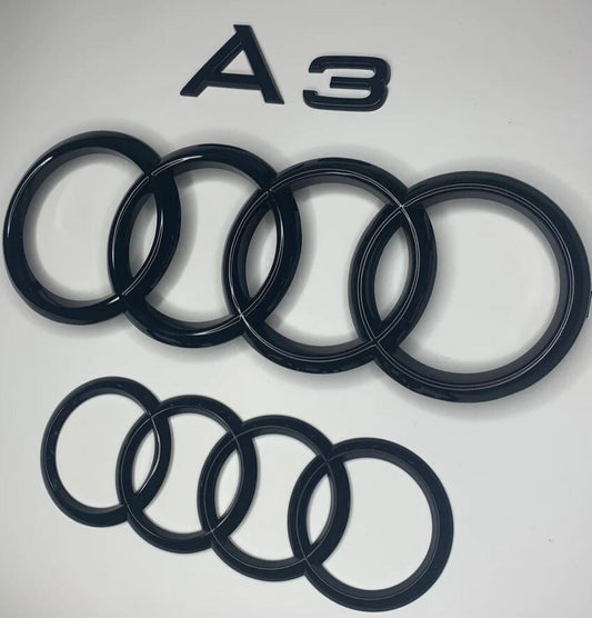 Hooded grille rear ring badge set for Audi A3, trunk boot sticker, glossy black.