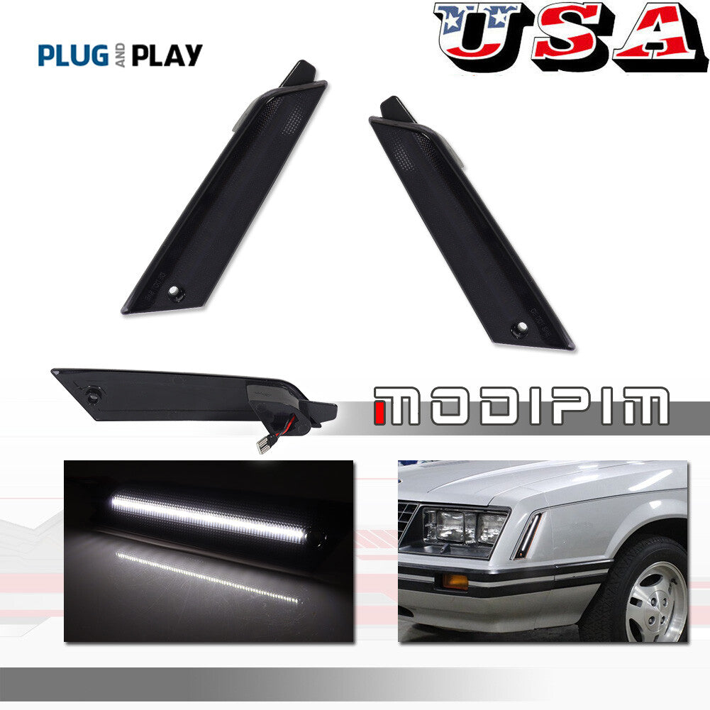 for for Mustang 1979 - 1986 Smoked Lens White LED Front Corner Side Marker Lights - v