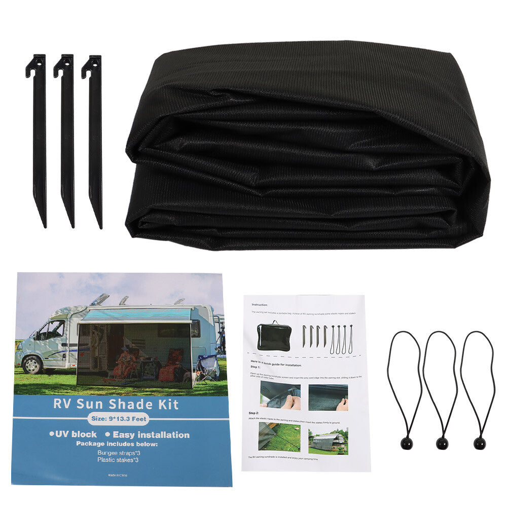 Black 90% RV Sunshade Privacy Screen 11'-21' Suitable for Camping Awnings n